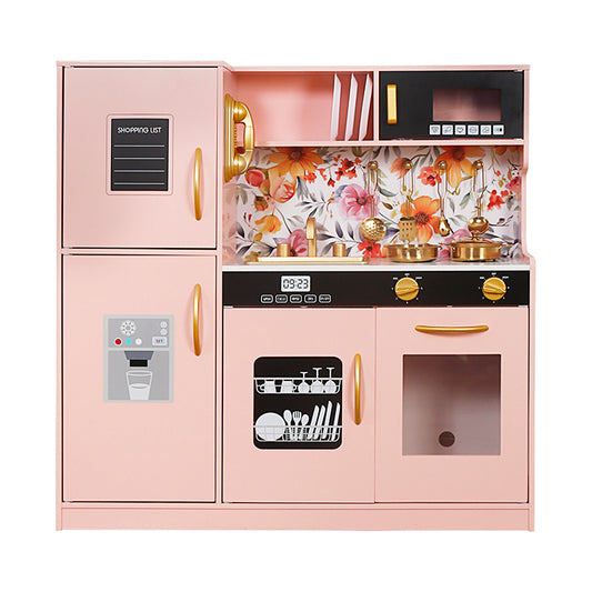 Pink Floral Wooden Kitchen Toy with Fridge & Microwave for Kids