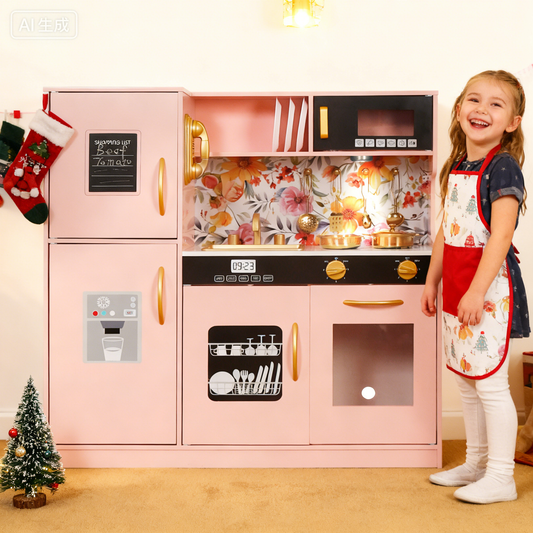 Custom Wooden Play Kitchen Manufacturer – Pink Floral Kids Kitchen Set OEM Supplier