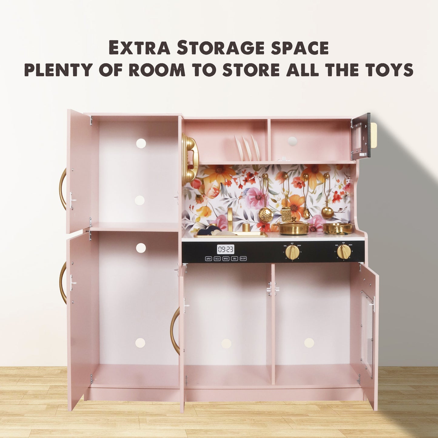 Custom Wooden Play Kitchen Manufacturer – Pink Floral Kids Kitchen Set OEM Supplier