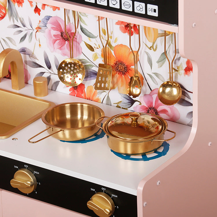 Pink Floral Wooden Kitchen Toy with Fridge & Microwave for Kids