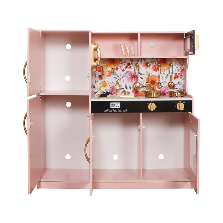 Pink Floral Wooden Kitchen Toy with Fridge & Microwave for Kids