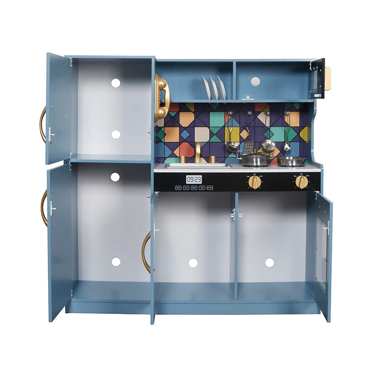 Modern Blue Wooden Play Kitchen with Refrigerator