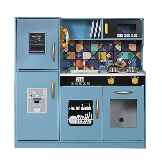 Modern Blue Wooden Play Kitchen with Refrigerator