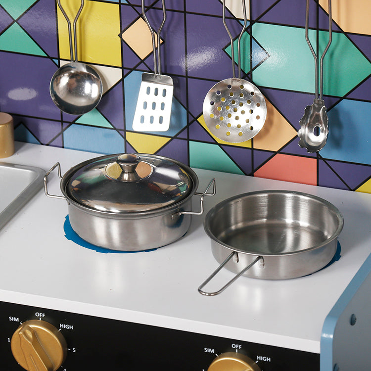 Modern Blue Wooden Play Kitchen with Refrigerator