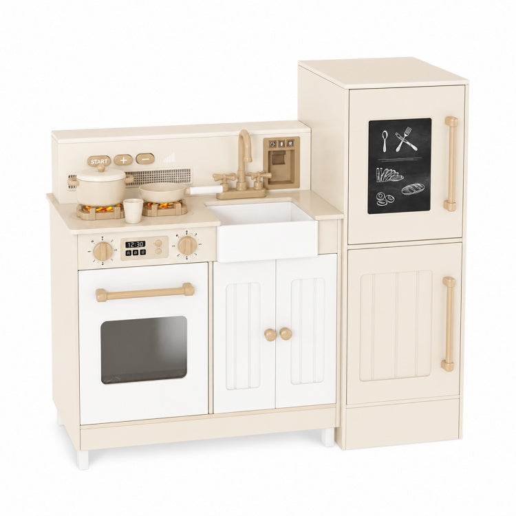 3-in-1 Beige Wooden Play Kitchen with Fridge & Light Sound Stove