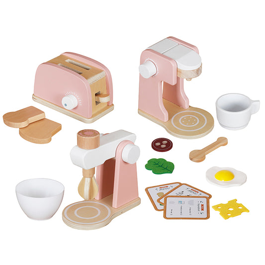 Pink Wooden Pretend Play Kitchen Set for Kids - Mini Toy Toaster, Coffee Maker, Mixer & Food Accessories