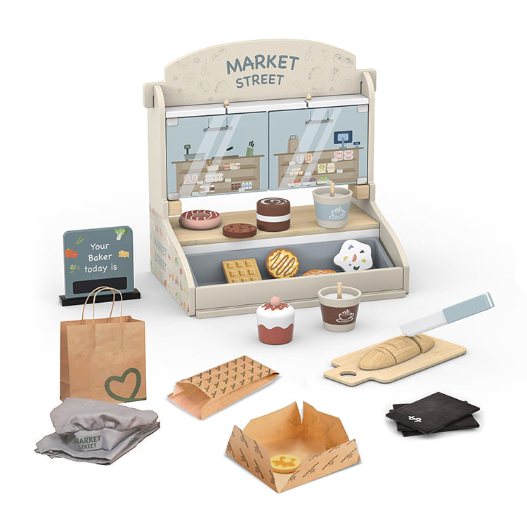 Wholesale Kids Wooden Bakery Market Stand Playset, OEM Available