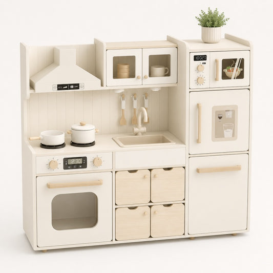 Large Wooden Play Kitchen for Kids – Pretend Cooking Kitchen Set with Fridge & Oven