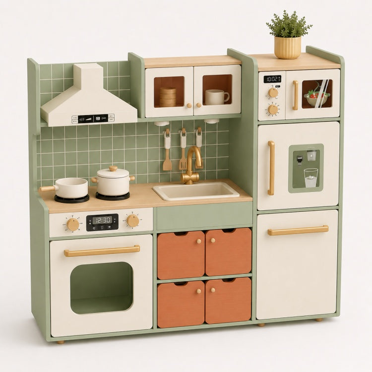 Sage Green Wooden Play Kitchen for Kids – Large Pretend Cooking Set with Fridge & Oven