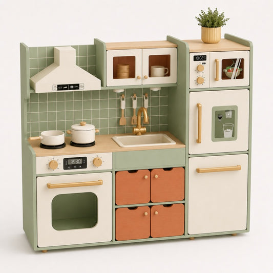Sage Green Wooden Play Kitchen for Kids – Large Pretend Cooking Set with Fridge & Oven