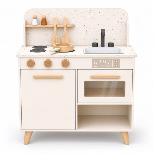 OEM Cream Speckled Backsplash Wooden Play Kitchen with Oven & Sin