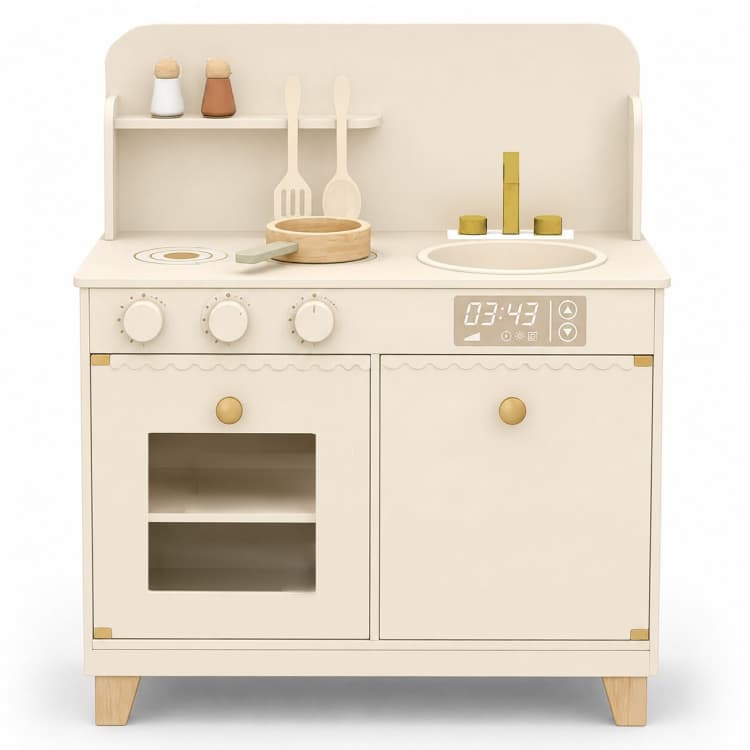 OEM Cream Wavy Edge Wooden Pretend Play Kitchen with Gold Hardware