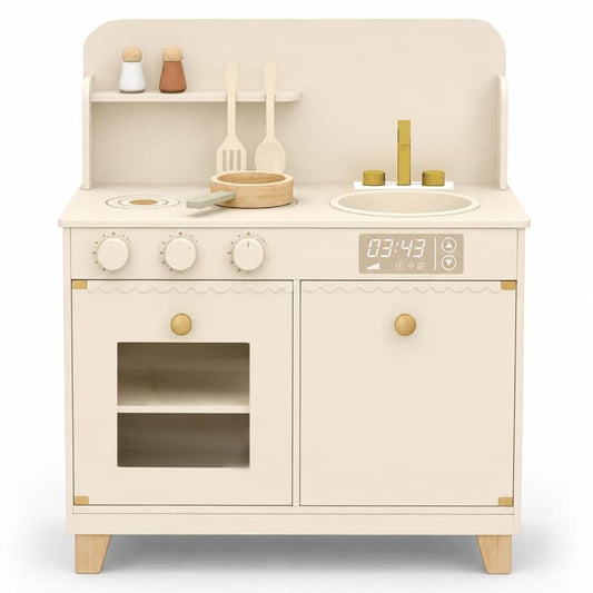 OEM Cream Wavy Edge Wooden Pretend Play Kitchen with Gold Hardware