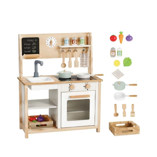 Natural Wood & White Kids Wooden Pretend Play Kitchen with Full Vegetable