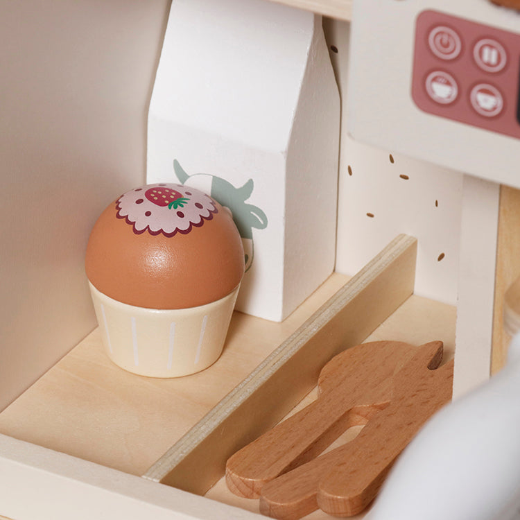Wooden Coffee Shop for Kids - Realistic Espresso Machine Toy with Play Food, Cups & Menu,