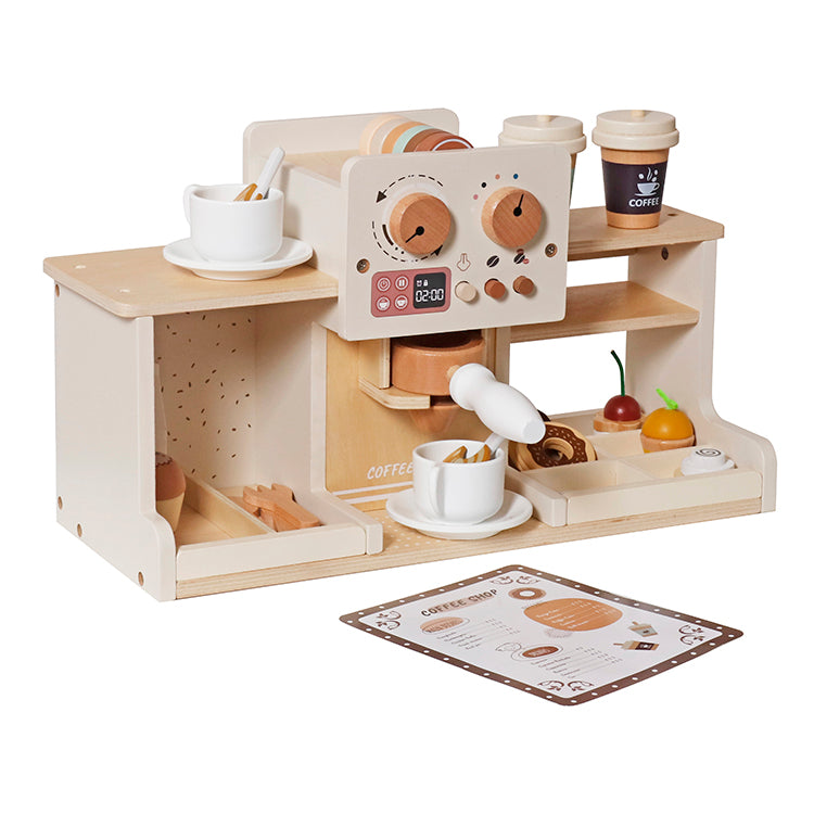 Wooden Coffee Shop for Kids - Realistic Espresso Machine Toy with Play Food, Cups & Menu,