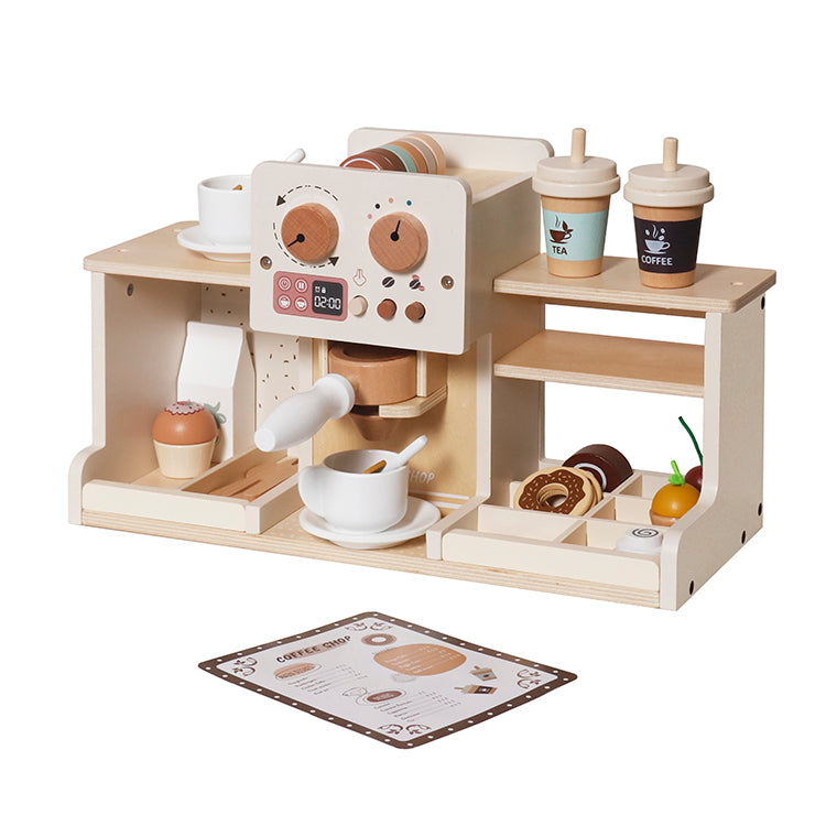 Wooden Coffee Shop for Kids - Realistic Espresso Machine Toy with Play Food, Cups & Menu,