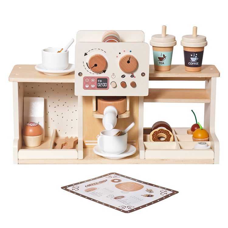 Wooden Coffee Shop for Kids - Realistic Espresso Machine Toy with Play Food, Cups & Menu,