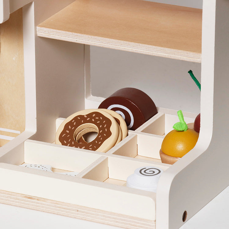 Wooden Coffee Shop for Kids - Realistic Espresso Machine Toy with Play Food, Cups & Menu,