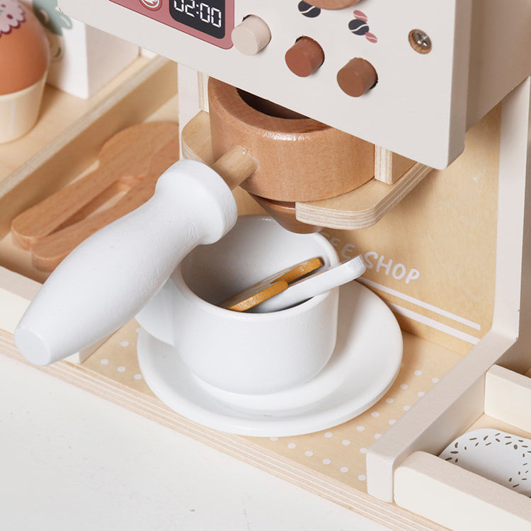 Wooden Coffee Shop for Kids - Realistic Espresso Machine Toy with Play Food, Cups & Menu,
