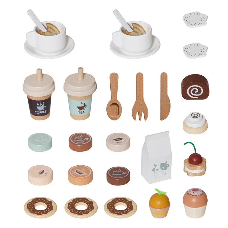 Wooden Coffee Shop for Kids - Realistic Espresso Machine Toy with Play Food, Cups & Menu,