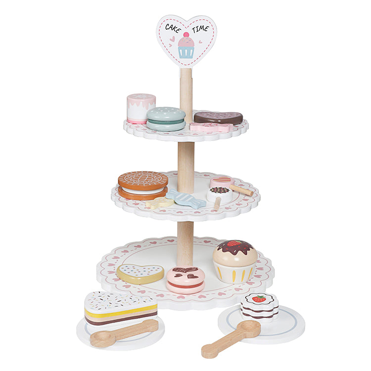Wholesale Kids Wooden 3-Tier Cake Stand Playset, Pretend Play Dessert Toy, OEM Available