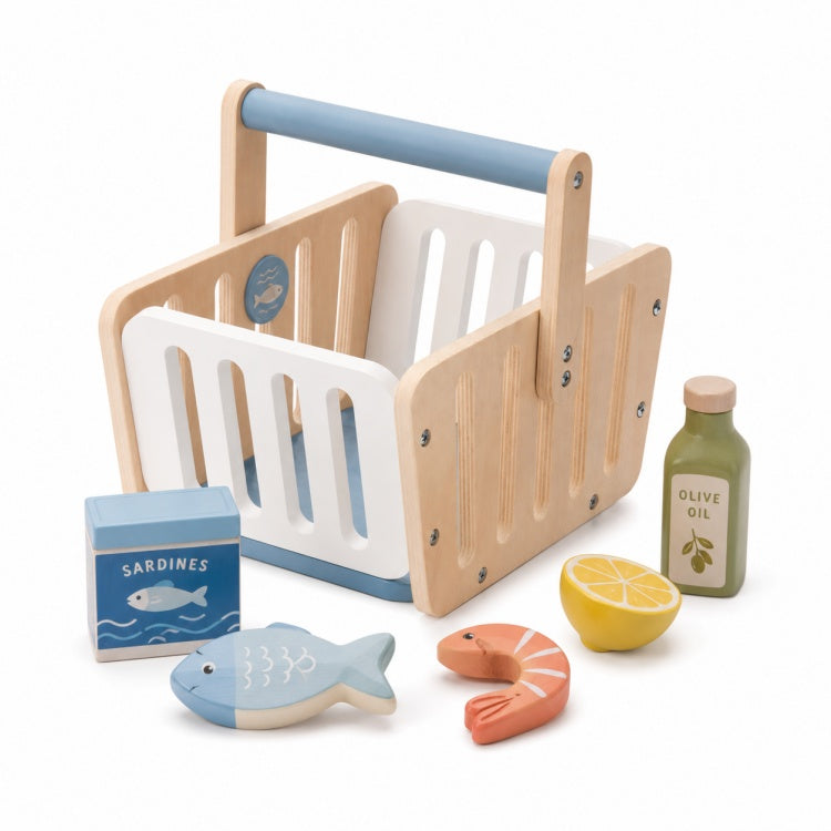 Wooden Grocery Basket for Kids – Pretend Play Shopping & Food Set