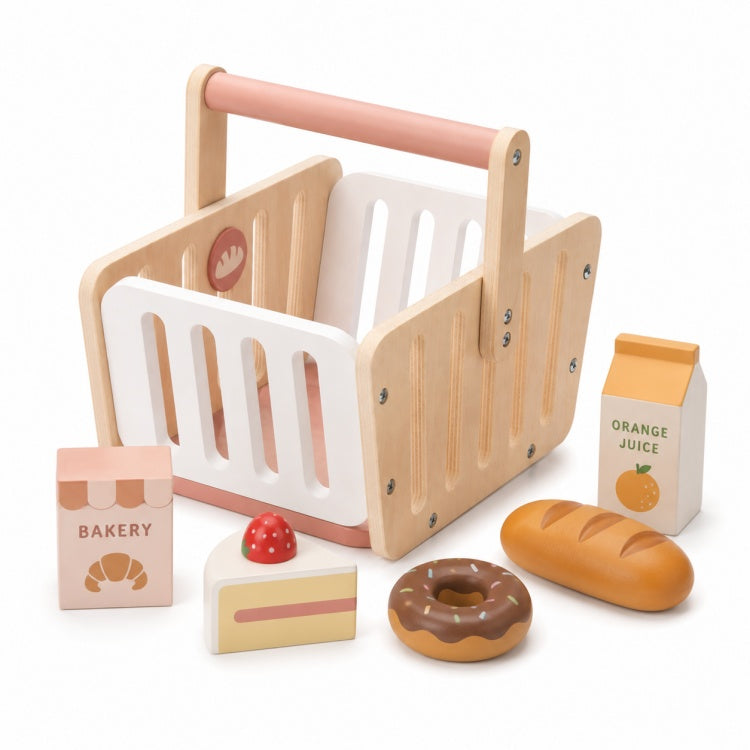 Wooden Grocery Basket for Kids – Pretend Play Shopping & Food Set