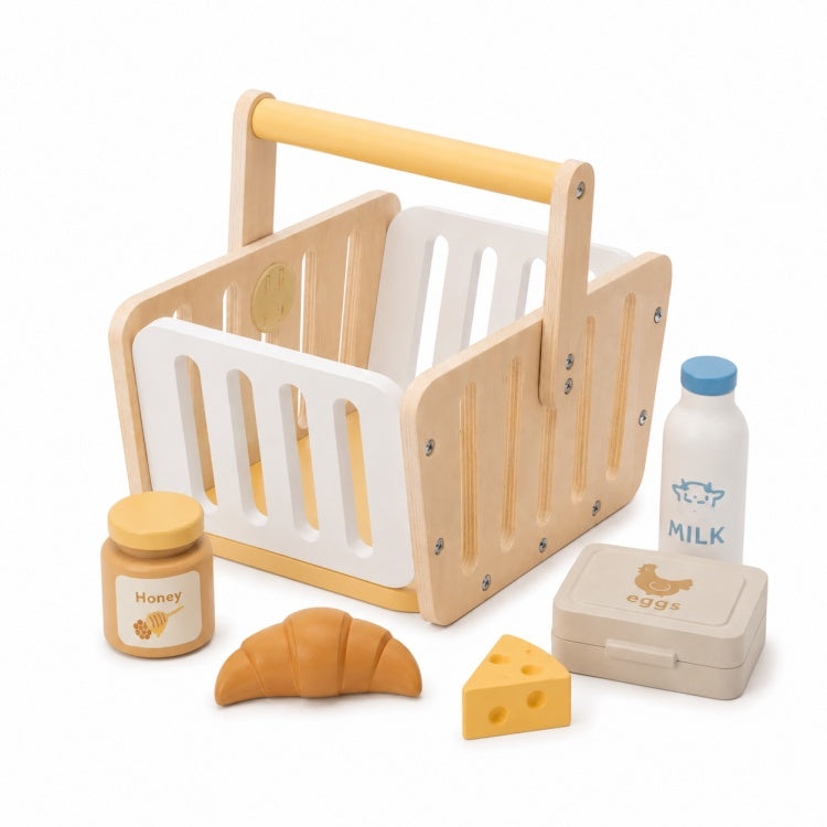 Wooden Grocery Basket for Kids – Pretend Play Shopping & Food Set
