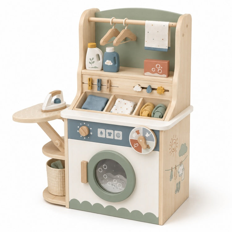 OEM Green Wooden Pretend Laundry Washing Machine Play Set