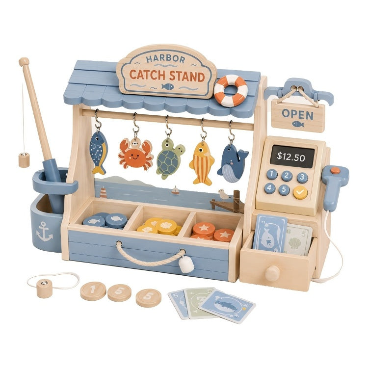 Wooden Harbor Catch Stand Fishing Market Playset, Kids Seafood Shop Pretend Play Toy