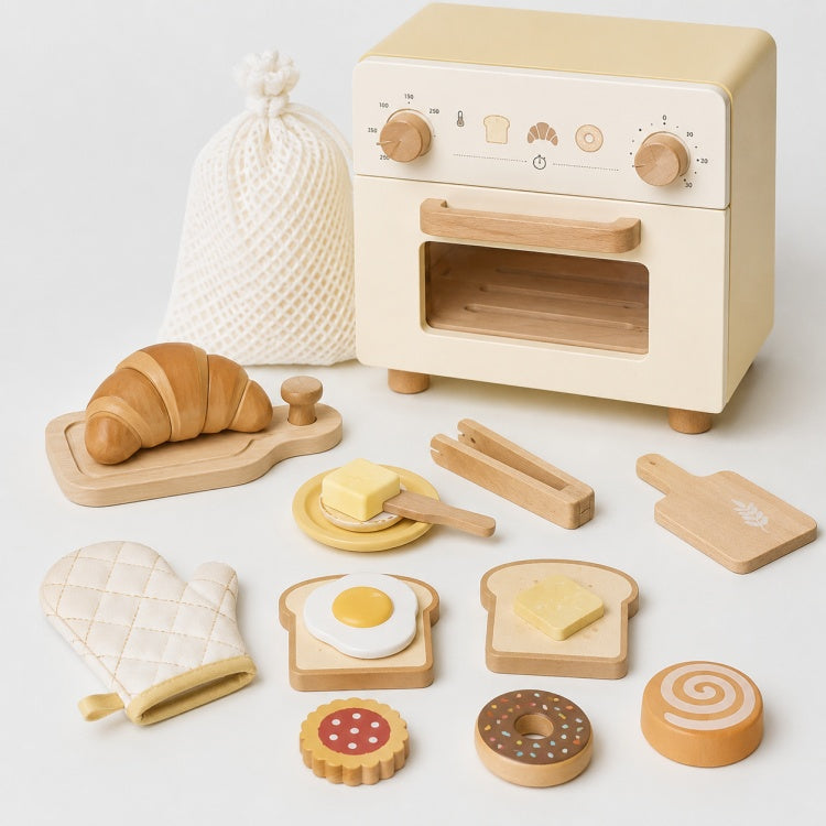 Wooden Toaster Oven Playset for Kids – Pretend Baking & Breakfast Cooking Set