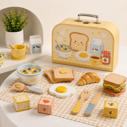 Wooden Breakfast Playset for Kids – Pretend Food & Cooking Set with Carry Case