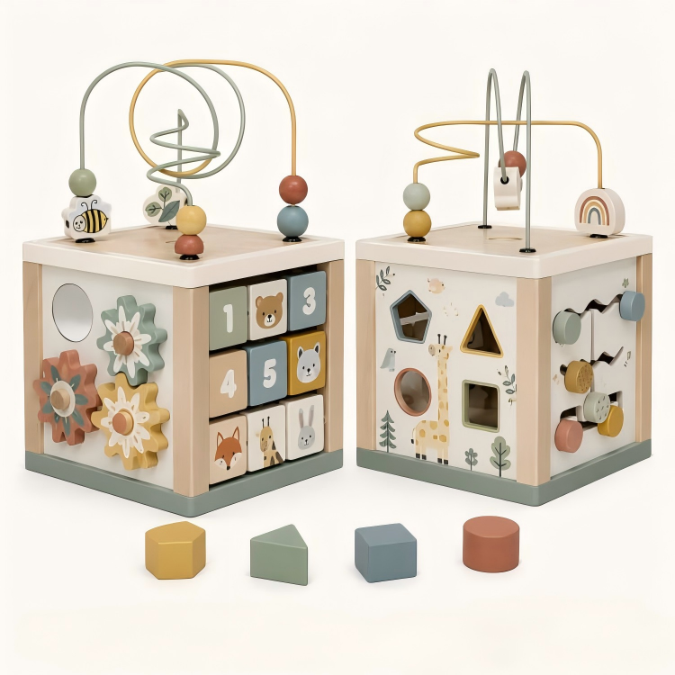 Wooden Activity Cube | 6-in-1 Baby Educational Maze Shape Sorter Toy