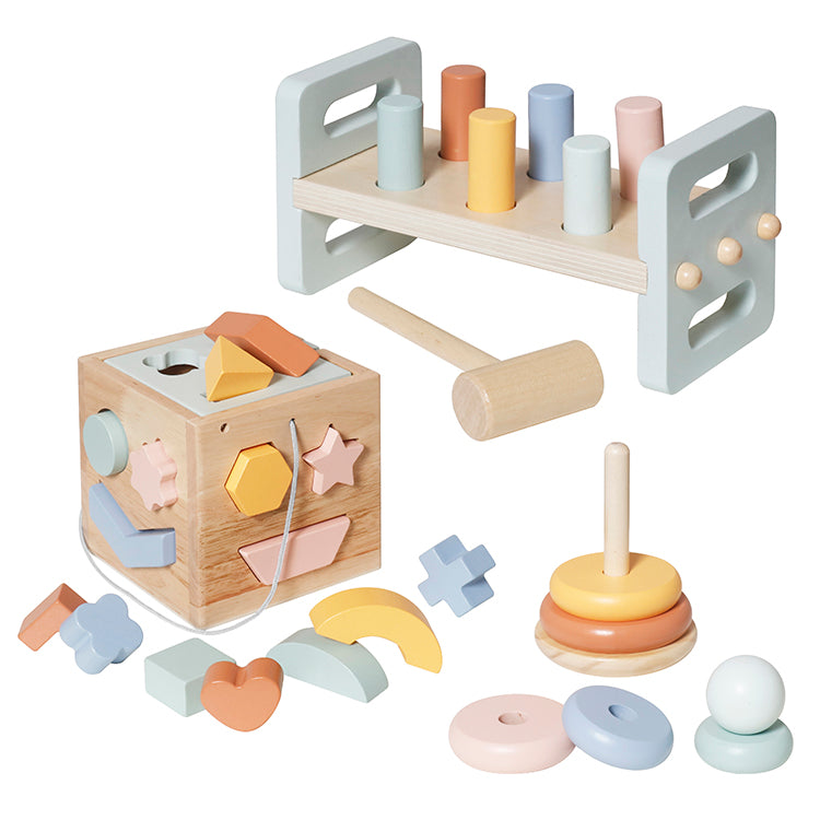 Wholesale Kids Wooden Montessori Toy Set, 3-in-1 Hammer Bench, Shape Sorter & Stacking Ring, OEM Available