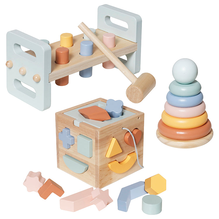 Wholesale Kids Wooden Montessori Toy Set, 3-in-1 Hammer Bench, Shape Sorter & Stacking Ring, OEM Available