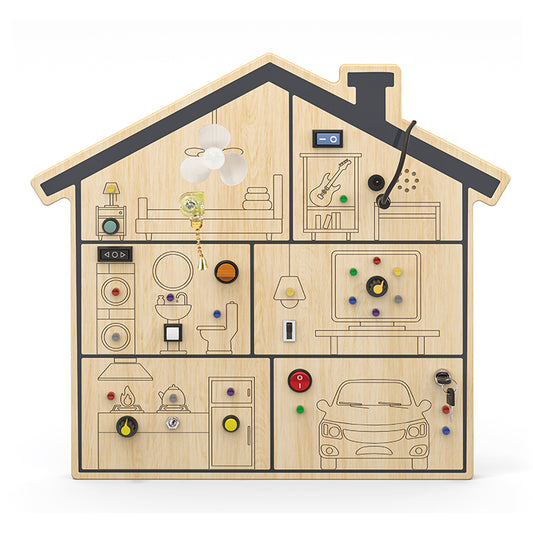 Wholesale Kids Wooden House-Themed Busy Board, OEM Available