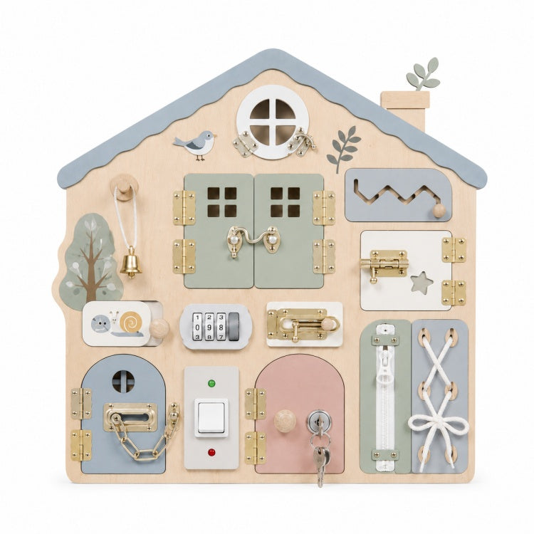 Multi-Functional House Montessori Wooden Busy Board with Locks, Zipper & Lacing