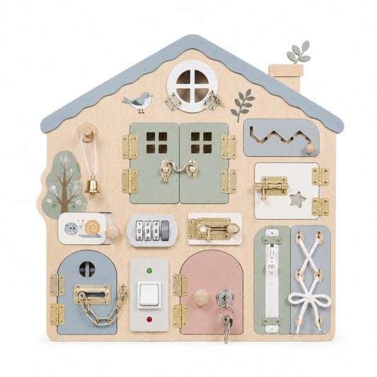 Multi-Functional House Montessori Wooden Busy Board with Locks, Zipper & Lacing