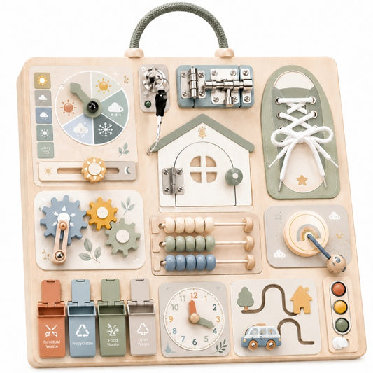 Large Portable Wooden Montessori Busy Board with Carry Handle