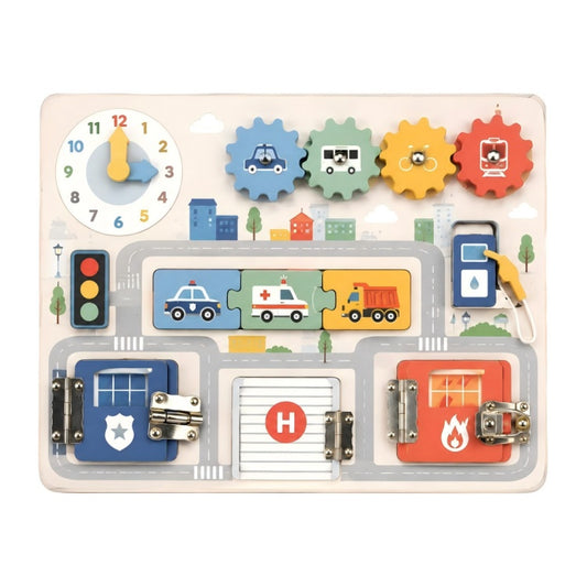 City Traffic Vehicle Themed Wooden Montessori Busy Board