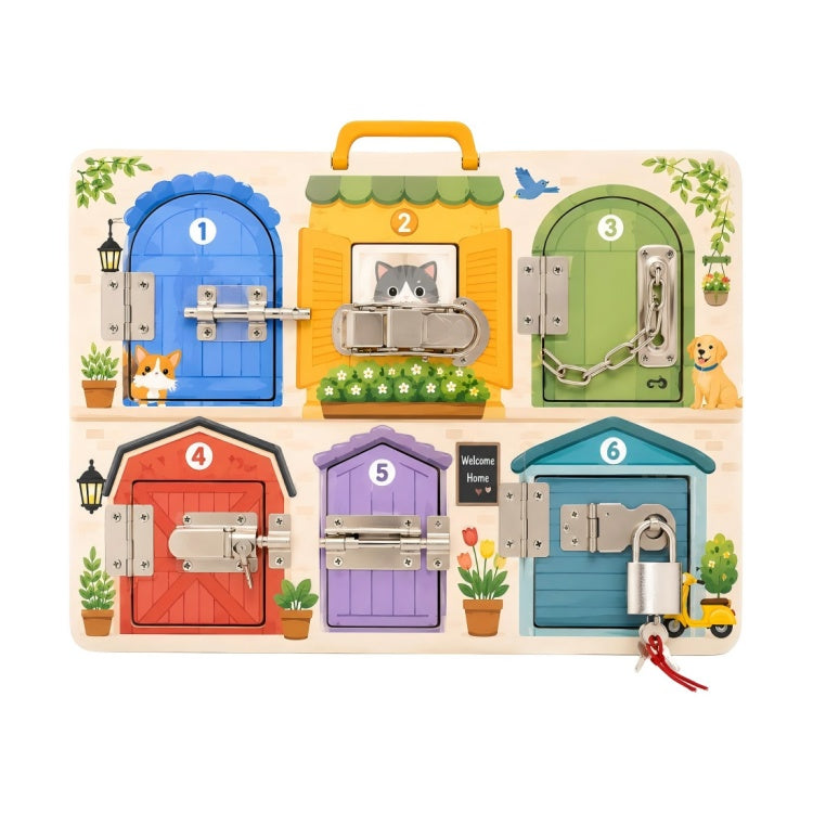 6-House Lock Practice Wooden Busy Board with Carry Handle