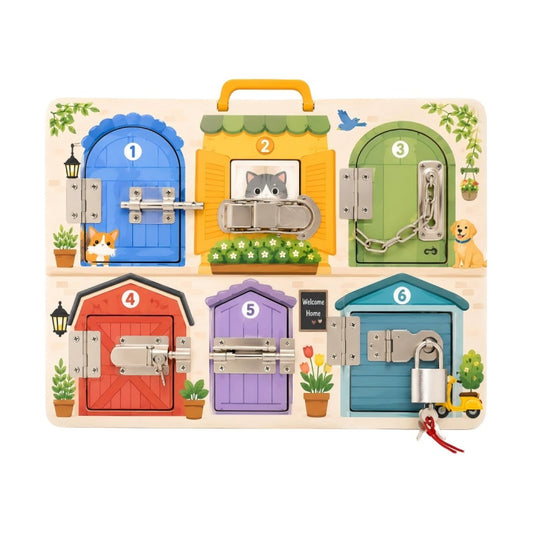 6-House Lock Practice Wooden Busy Board with Carry Handle