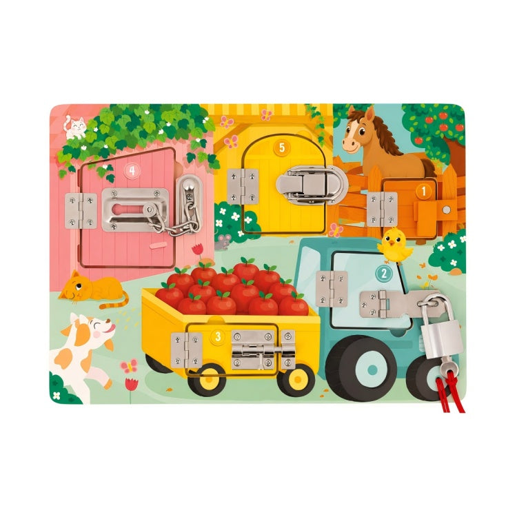 Farm Animal Themed Wooden Montessori Lock Busy Board
