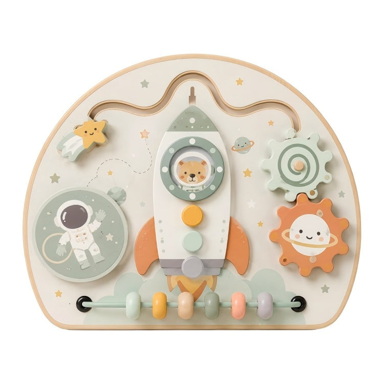 Wooden Outer Space Busy Board, Toddler Montessori Activity Board with Gears, Maze Track & Bead Maz
