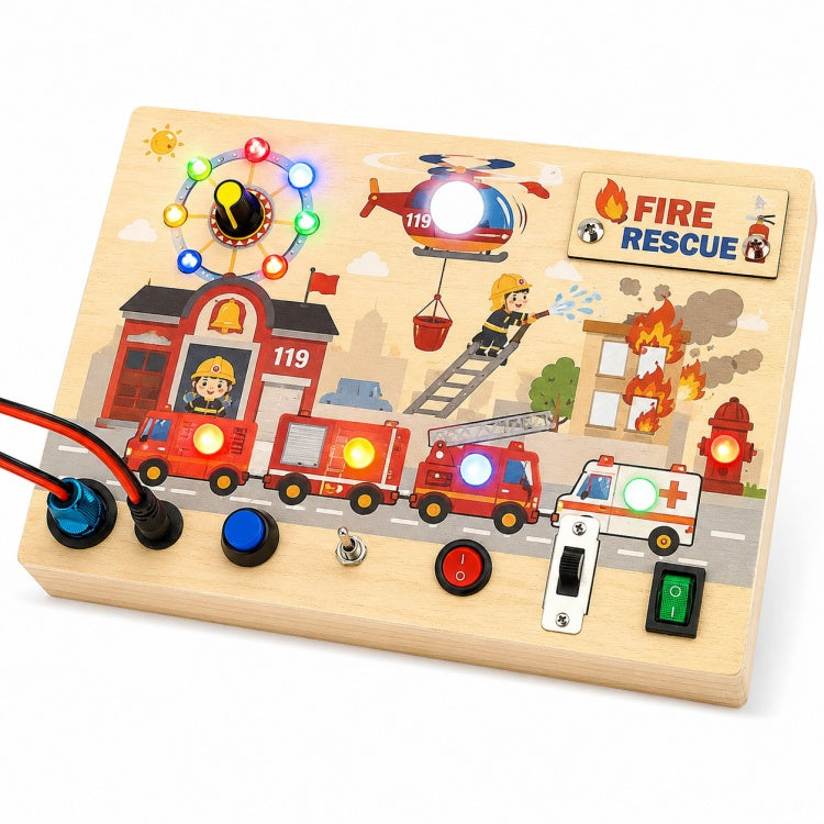 Fire Rescue Wooden Switch Board for Kids – LED Light Busy Board with Buttons & Switches