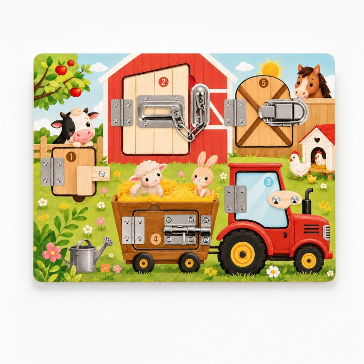 Farm Wooden Lock Board for Kids – Montessori Busy Board with Locks & Latches
