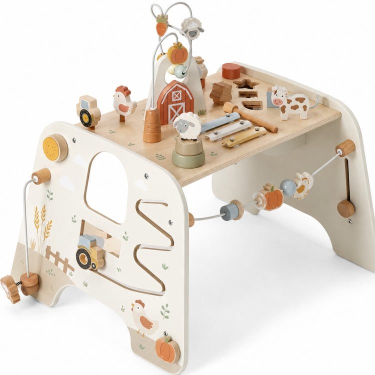 Farm Wooden Activity Table for Toddlers – Montessori Busy Table with Fine Motor Activities