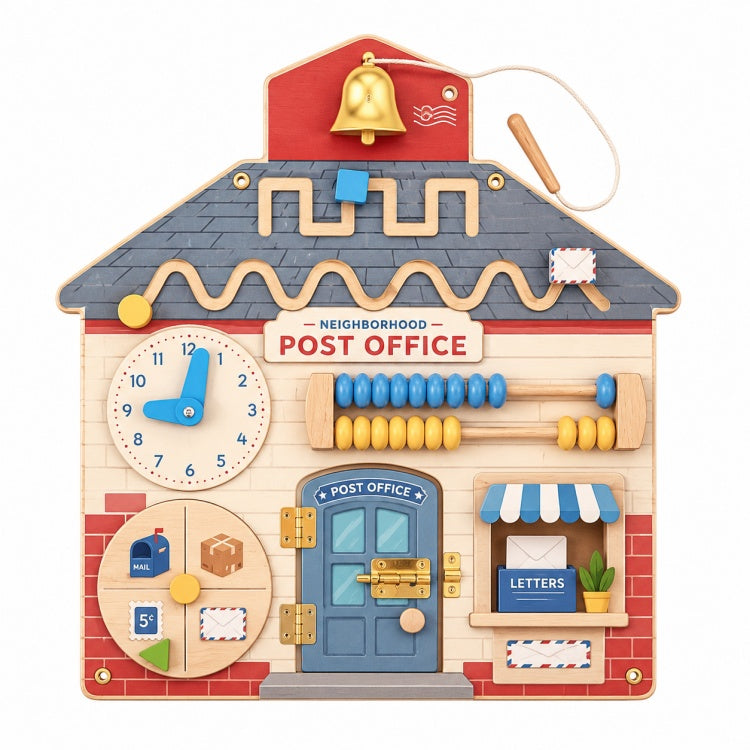 Wooden Post Office Busy Board for Kids – Fine Motor Mail & Lock Activity Board