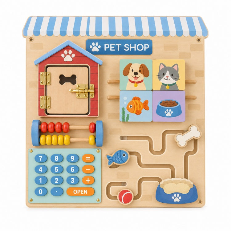 Wooden Pet Shop Busy Board for Kids – Fine Motor Pet Care Activity Board